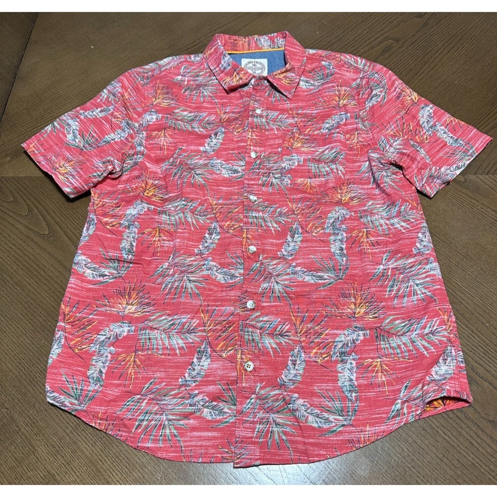 Fat Face Men's Shirt Size‎ L Coral Pink Floral Palms Hawaiian Short Sleeve Shirt
